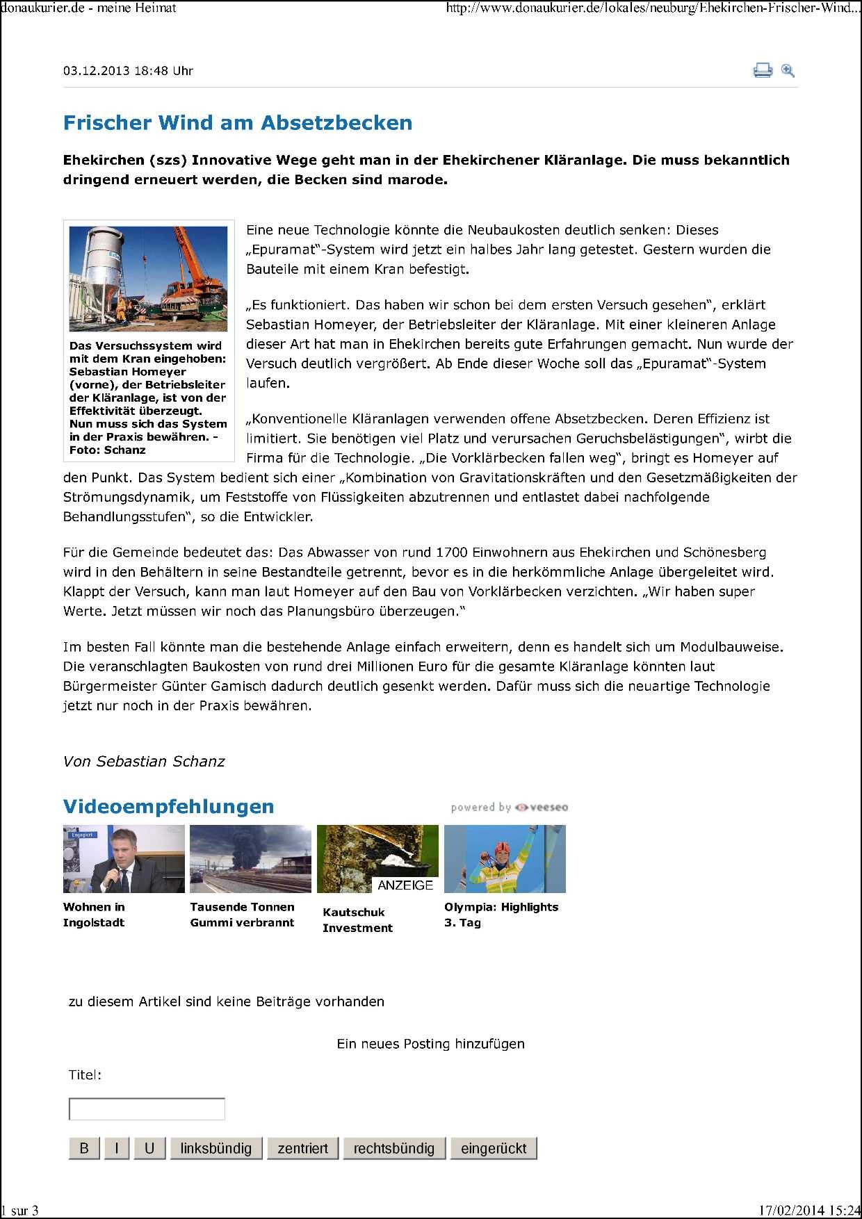 Frischer Wind am Absetzbecken - Donaukurier, Dienstag 3. Dezember 2013