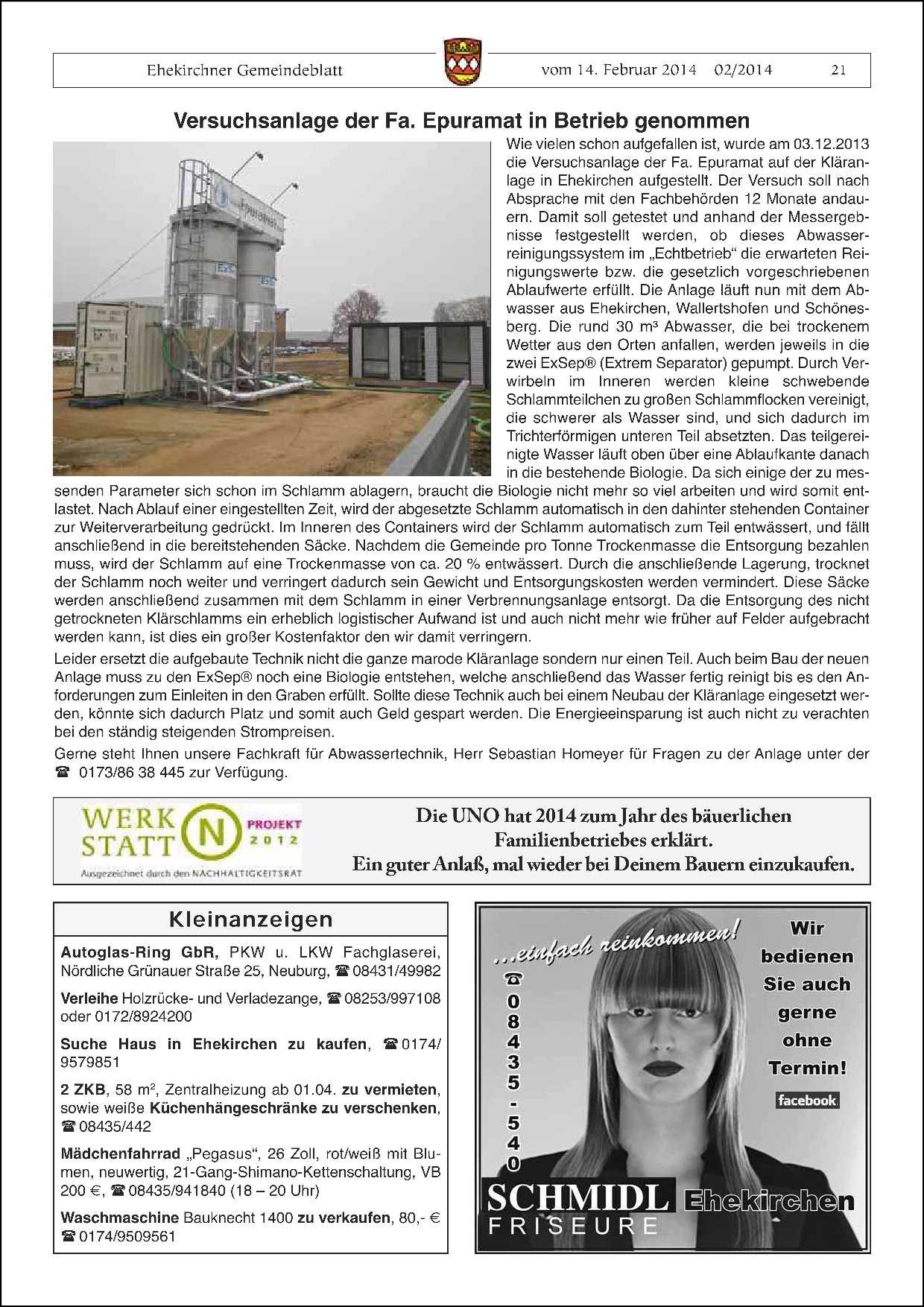 Versuchsanlage der Fa. Epuramat in Betrieb genommen - Ehekirchen Gemeindeblatt, Februar 2014